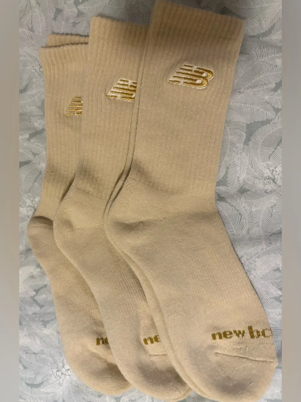 NWOT women’s New Balance Beige Crew Socks with Gold Logo - 3 Pack